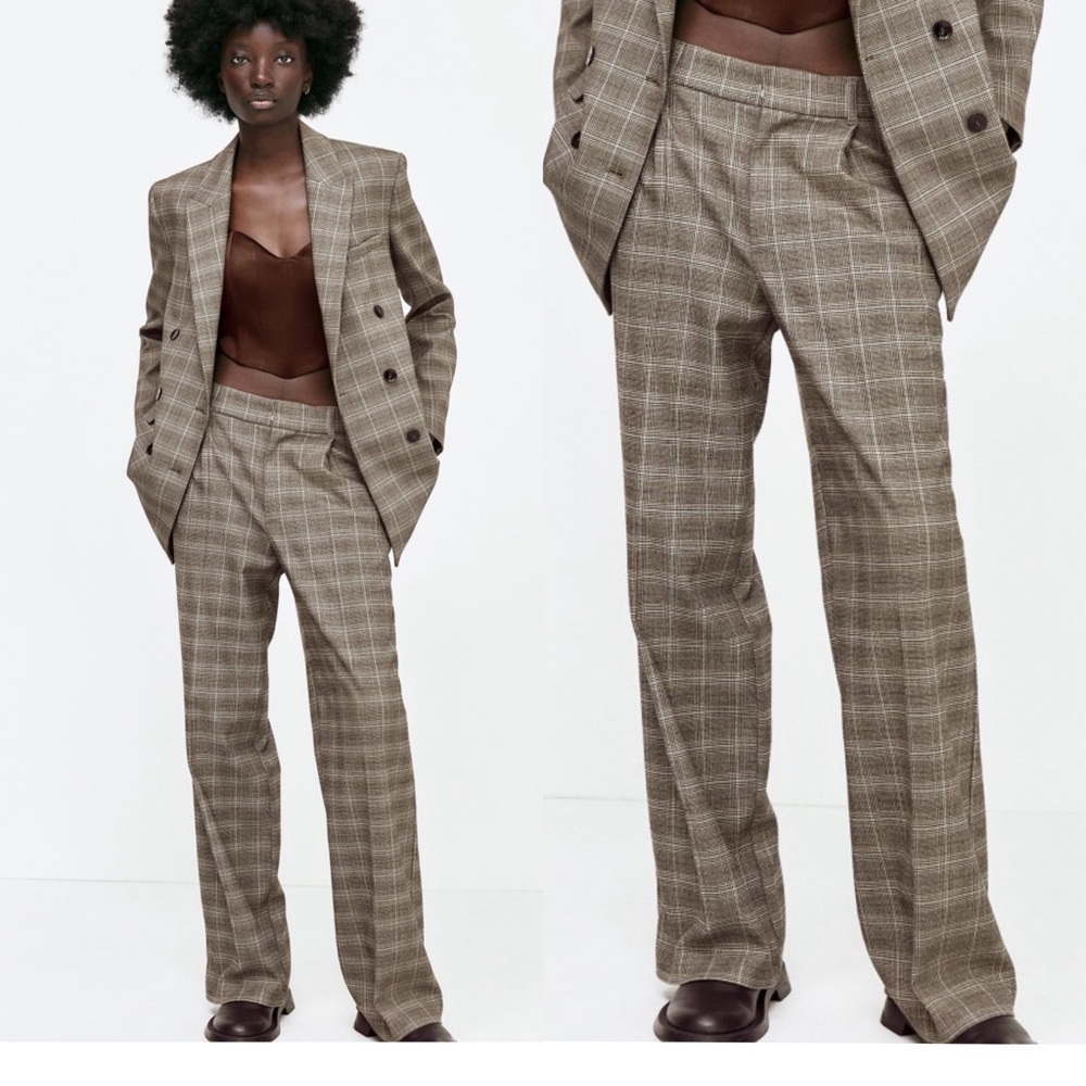 Zara NWT Glen Check Prince of Whales Plaid Straight Legs Trousers Sz Small